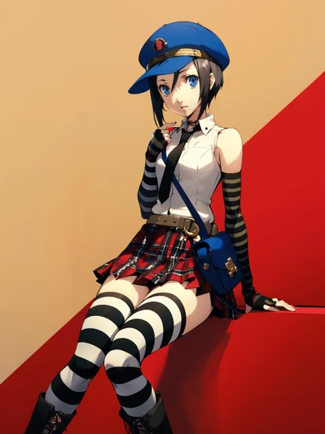 marie, 1girl, solo, thighhighs, skirt, plaid skirt, gloves, striped, hat, plaid, bag, fingerless gloves, striped thighhighs, elbow gloves, necktie, sleeveless, short hair, black hair, boots, belt, messenger bag, sleeveless shirt, zettai ryouiki, shoulder bag, handbag, choker, bare shoulders, shirt