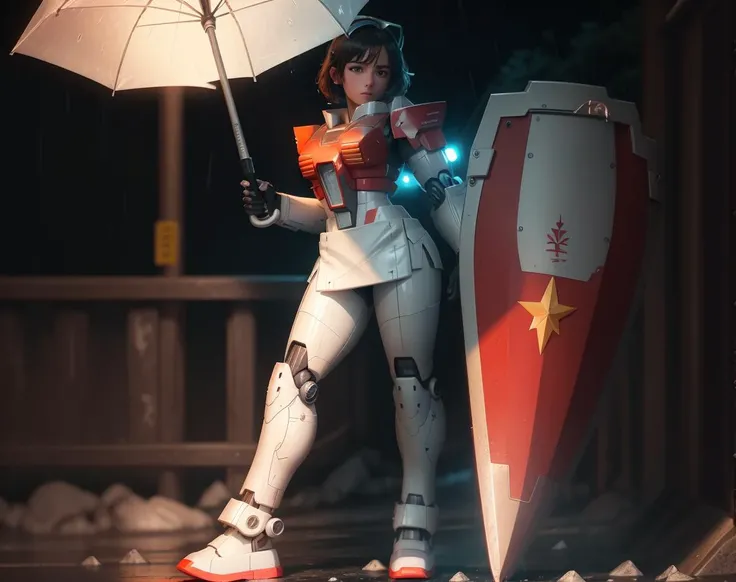 ultra realistic 8k cg, masterpiece, ((ultra detailed background, raw photo, full body)), Mecha girl, holding an umbrella in her right hand, holding a shield in her left hand, night light, neon lights, moon, depth of field, rain, <lora:JM: 0.85>