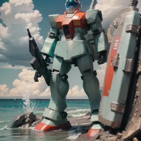 (masterpiece, best quality, ultra-detailed,cinematic scene), extreme detailed,highest detailed, best illumination, 8K,mecha, Long shot, professional shot, standing on a battleship, cloudy sky, jets, turbulent sea water,<lora:JM:1>