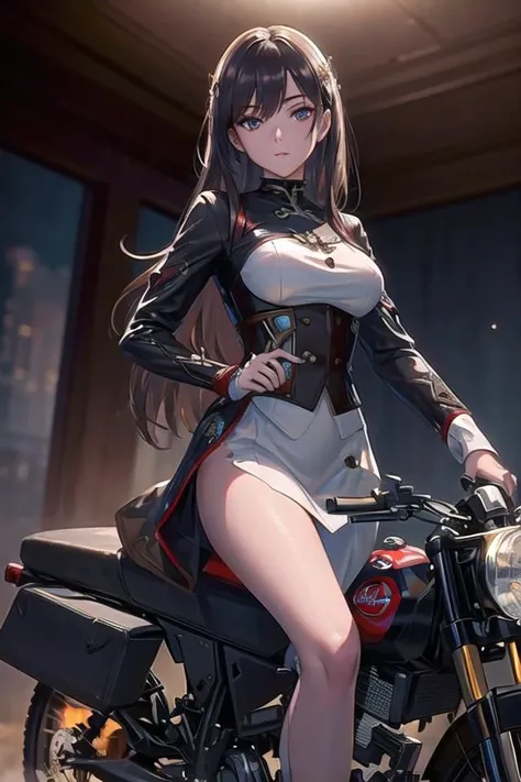 masterpiece, best quality, ultra-detailed, cinematic lighting, (facial details), Leica M3 Double Stroke Camera, (depth of field:1),
1girl, photorealistic, beautiful detailed eyes, ash brown, (clear image), look at viewer, luxury fabrics, thriller, science fantasy, quadruped robot, a mountain biker riding on a rugged trail,
