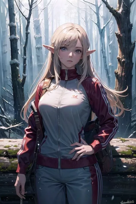 masterpiece, best quality, ultra-detailed, cinematic lighting,in spring, beautiful detailed sky, nature,
1girl, illustration, beautiful detailed eyes, red, (clear image), rachel nichols, look at viewer,  tracksuit, musical,  samorost,  heroic fantasy, a half-elf ranger exploring a enchanted forest, marker (medium), romance,
<lora:epiNoiseoffset_v2:1>