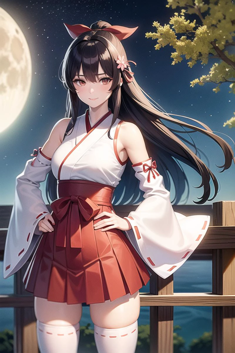 (8k, best quality, masterpiece:1.2), (realistic, photo-realistic:1.37), ultra-detailed,best quality, ultra high res, professional lighting, photon mapping, radiosity, physically-based rendering, cinematic lighting,
1girl, long hair, solo, thighhighs, black hair, hair ornament, moon, japanese clothes, skirt, detached sleeves, white thighhighs, miko, hakama short skirt, hair flower, very long hair, ribbon trim, ribbon-trimmed legwear, full moon, hakama skirt, hakama, brown eyes, outdoors, night, standing, looking at viewer, flower, hand on hip, tree, red skirt, sky, wide sleeves, smile, ribbon-trimmed sleeves, star (sky), fence, blush, bangs, zettai ryouiki, bare shoulders, night sky, red eyes, nontraditional miko, red hakama, thighs, closed mouth
