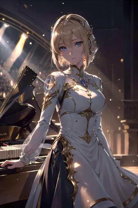 masterpiece, best quality, ultra-detailed, cinematic lighting, (facial details), Zenza Bronica ETRSi Camera, (depth of field:1),
1girl, photorealistic,  beautiful detailed eyes, natural blonde, (clear image), look at viewer,  casual wear, historical,  portal fantasy, autonomous robot, a musician playing a piano in a concert hall,
<lora:epiNoiseoffset_v2:1>