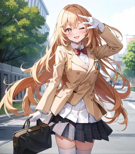 masterpiece, best quality, 1 girl, <lora:shokuhouMisakiToaru_v1:1>, shokuhou misaki, star-shaped pupils, white gloves, white thighhighs, beige jacket, tokidawai school uniform, long sleeves, skirt, holding remote control, ;p, v, one eye closed, posing, standing