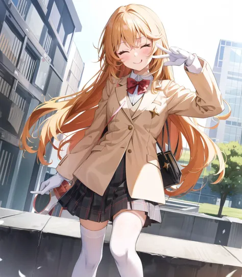 masterpiece, best quality, 1 girl, <lora:shokuhouMisakiToaru_v1:1>, shokuhou misaki, star-shaped pupils, white gloves, white thighhighs, anime_screencap_misaki,
beige jacket, tokidawai school uniform, long sleeves, skirt, holding remote control, ;p, v, one eye closed, posing, standing