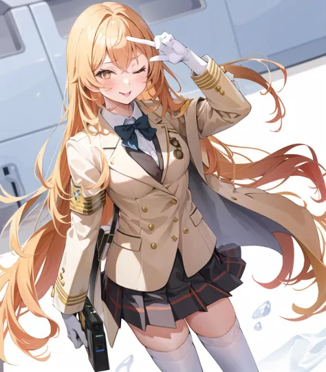 masterpiece, best quality, 1 girl, <lora:shokuhouMisakiToaru_v1:1>, shokuhou misaki, star-shaped pupils, white gloves, white thighhighs, beige jacket, tokidawai school uniform, long sleeves, skirt, holding remote control, ;p, v, one eye closed, posing, standing