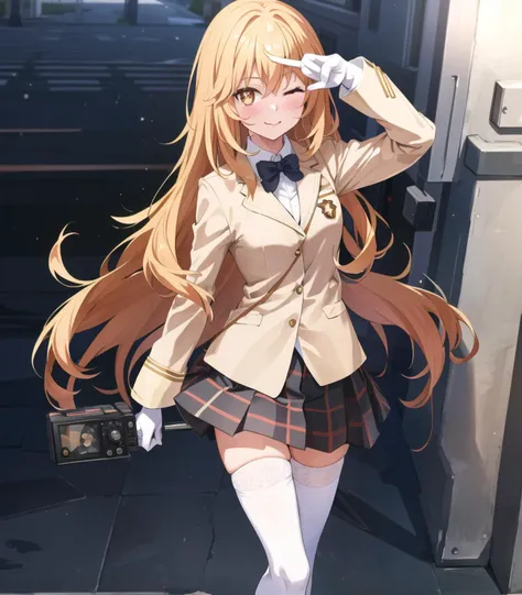 masterpiece, best quality, 1 girl, <lora:shokuhouMisakiToaru_v1:1>, shokuhou misaki, star-shaped pupils, white gloves, white thighhighs, anime_screencap_misaki,
beige jacket, tokidawai school uniform, long sleeves, skirt, holding remote control, ;p, v, one eye closed, posing, standing