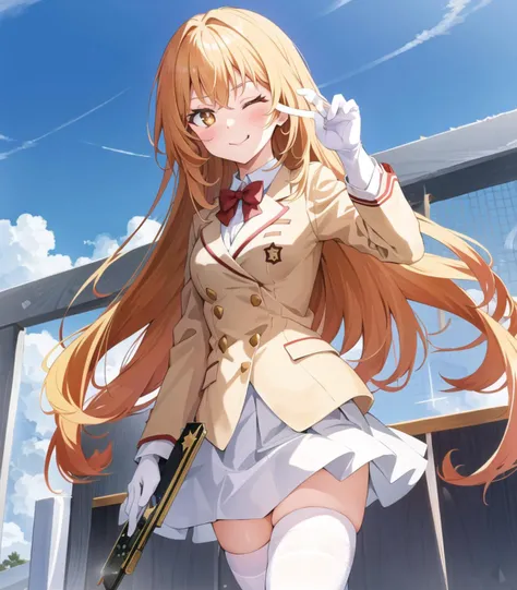 masterpiece, best quality, 1 girl, <lora:shokuhouMisakiToaru_v1:1>, shokuhou misaki, star-shaped pupils, white gloves, white thighhighs, anime_screencap_misaki,
beige jacket, tokidawai school uniform, long sleeves, skirt, holding remote control, ;p, v, one eye closed, posing, standing