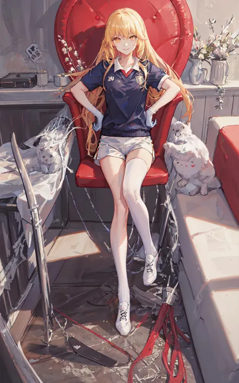 1girl, on chair, crossed legs,heart hands, light smile,
shokuhou misaki, gym uniform, white shorts,
star-shaped pupils, white gloves, white thighhighs, spider web print,yellow hair
<lora:shokuhouMisakiToaru_v2:0.8>