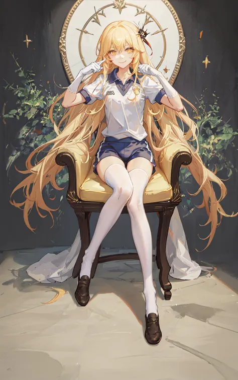 1girl, on chair, crossed legs,heart hands, light smile,
shokuhou misaki, gym uniform, white shorts,
star-shaped pupils, white gloves, white thighhighs, spider web print,yellow hair
<lora:shokuhouMisakiToaru_v2:0.8>
