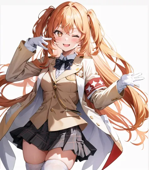 masterpiece, best quality, 1 girl, <lora:shokuhouMisakiToaru_v1:1>, shokuhou misaki, star-shaped pupils, white gloves, white thighhighs, beige jacket, tokidawai school uniform, long sleeves, skirt, holding remote control, ;p, v, one eye closed, posing, standing
