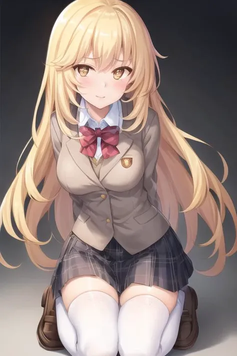 <lora:Shokuhou Misaki-v7-pruned-000004:1>, 1girl,  shokuhou misaki, kneeling, white thighhighs, tokiwadai school uniform, beige jacket, skirt, [[hands on breasts]], star-shaped pupils, (extremely detailed CG unity 8k wallpaper), (best quality), (ultra-detailed), (best illustration), (best shadow),