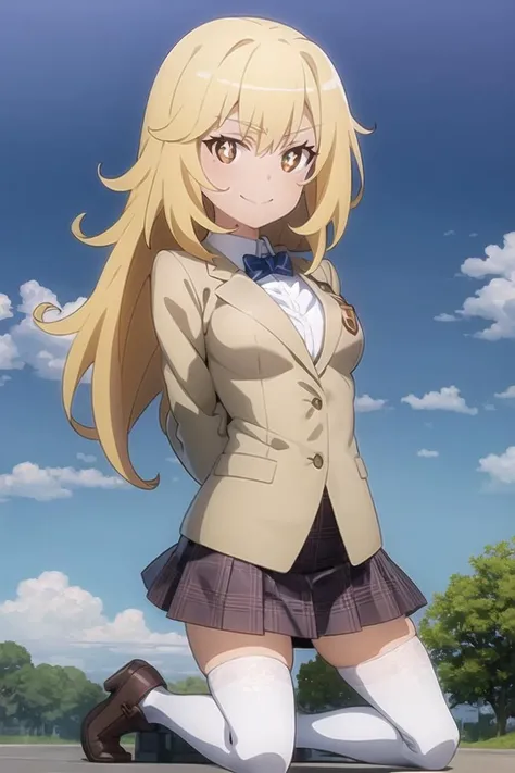 (extremely detailed CG unity 8k wallpaper),(masterpiece), (best quality), (ultra-detailed), (best illustration), shokuhou misaki, smiling <lora:Shokuhou Misaki-v7-pruned-000004:1>, 1girl, beige jacket, long sleeves, skirt, tokidawai school uinform, white thighhighs, white gloves, star-shaped pupils, arms behind back, kneeling, outdoors, seiza, (anime_screencap_misaki:1.0), flat shading