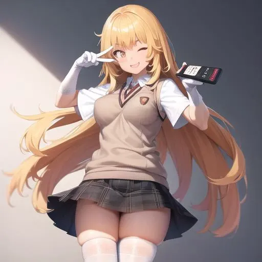 <lora:Shokuhou Misaki-v7-pruned-000004:1>, 1girl, shokuhou misaki, sweater vest, skirt, tokidawai school uinform, white thighhighs, white gloves,holding remote control, ;p, v, one eye closed, posing, standing