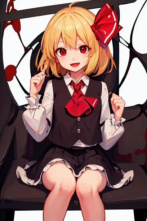 (masterpiece, best quality), 1girl, <lora:rumia_touhou:1> rumia_touhou, blonde_hair, ribbon, short_hair, hair_ribbon, red_eyes, vest, smile, open_mouth, red_ribbon, ascot