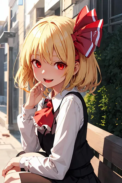 (masterpiece, best quality), 1girl, <lora:rumia_touhou:1> rumia_touhou, blonde_hair, ribbon, short_hair, hair_ribbon, red_eyes, vest, smile, open_mouth, red_ribbon, ascot