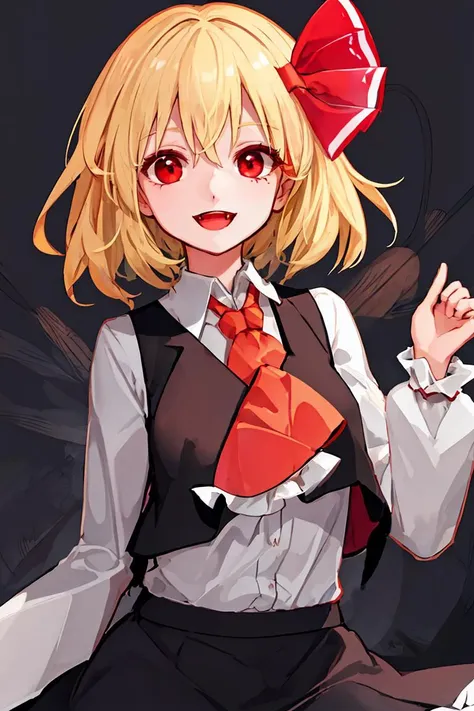 (masterpiece, best quality), 1girl,   <lora:rumia_touhou:1> rumia_touhou, blonde_hair, ribbon, short_hair, hair_ribbon, red_eyes, vest, smile, open_mouth, red_ribbon, ascot