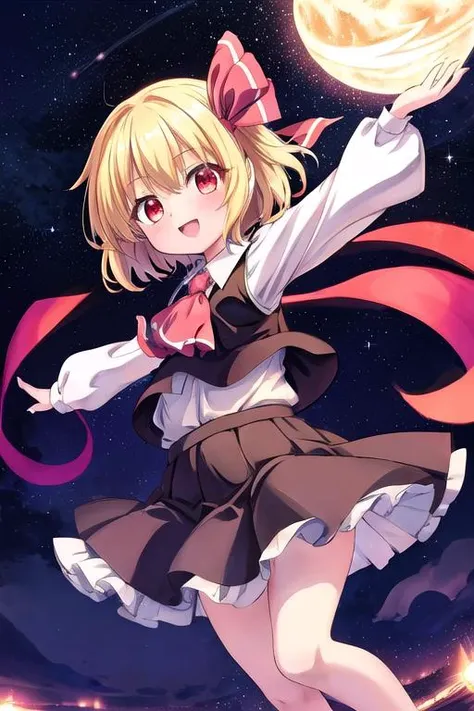 masterpiece, best quality,ultra detail, <lora:anmnr01:0.3>  <lora:add_detail:0.5>,<lora:GoodHands-vanilla:0.8>,1girl, petite,chibi, rumia_touhou,night sky,floating air <lora:rumia_touhou:0.7>blonde_hair, ribbon, short_hair, hair_ribbon, red_eyes, vest, smile, open_mouth, red_ribbon, ascot,open arms for viewer