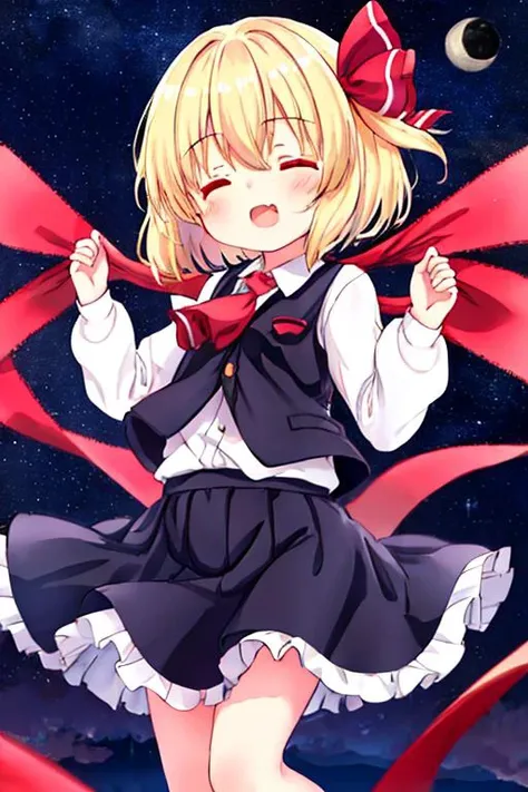 masterpiece, best quality,ultra detail, <lora:anmnr01:0.3>  <lora:add_detail:0.5>,<lora:GoodHands-vanilla:0.8>,1girl, petite,chibi, rumia_touhou,night sky,floating air <lora:rumia_touhou:0.5>blonde_hair, ribbon, short_hair, hair_ribbon, vest, open_mouth, red_ribbon, <lora:hotarueye_comic6_v100:1.5>,knock out pose,facing viewer,close eyes