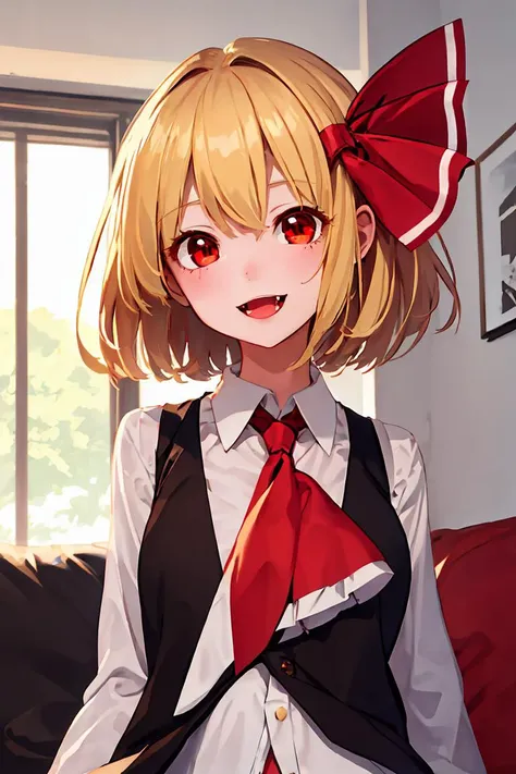(masterpiece, best quality), 1girl, <lora:rumia_touhou:1> rumia_touhou, blonde_hair, ribbon, short_hair, hair_ribbon, red_eyes, vest, smile, open_mouth, red_ribbon, ascot
