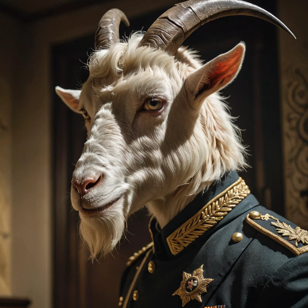 by Steve Ditko, Malcolm Liepke, Yankeecore, close up of a Goat Lieutenant Colonel, Bathed in shadows, Detailed illustration, dynamic, Hasselblad, Selective focus, ornate, action