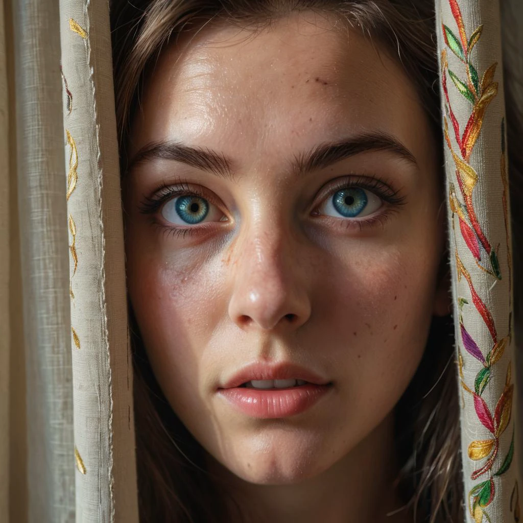 RAW photo, beautiful eyes, macro shot, masterpiece, peeking from behind curtains, colorful details, award winning, high detailed, 8k, natural lighting, analog film, detailed skin, amazing composition, intricate details, subsurface scattering, velus hairs, amazing textures, filmic, chiaroscuro, soft light