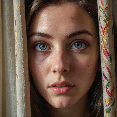 RAW photo, beautiful eyes, macro shot, masterpiece, peeking from behind curtains, colorful details, award winning, high detailed, 8k, natural lighting, analog film, detailed skin, amazing composition, intricate details, subsurface scattering, velus hairs, amazing textures, filmic, chiaroscuro, soft light