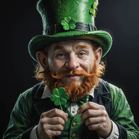 impactful paint of a leprechaun holding a lucky clover, professional, masterpiece 4k, clear, vivid deep blacks, high contrast, crystal clear 