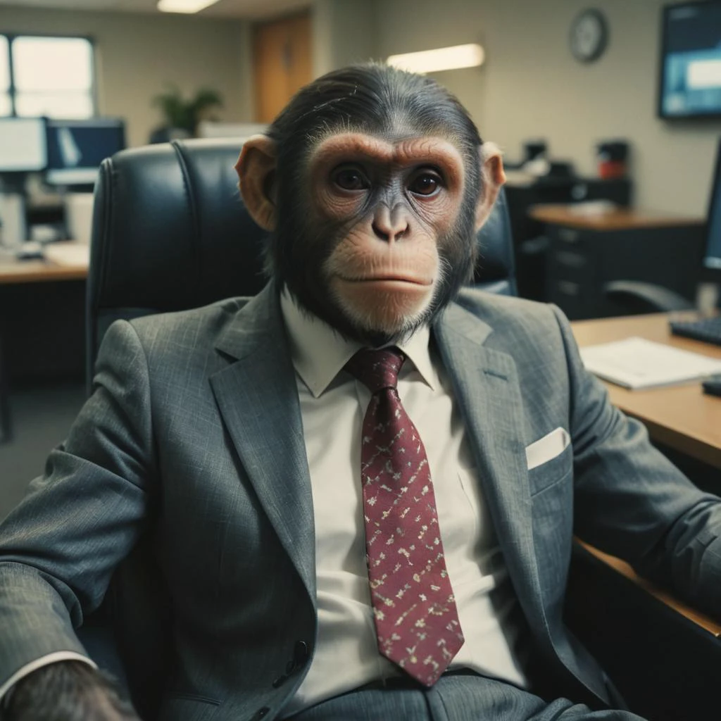 polaroid of monkey in suit, sitting in office chair
, low quality, bad quality, amateur photography, snapchat still, blurry photo, motion blur
,cinematic film still
,Kodak Vision3 250D Film Stock Footage Style, shallow depth of field, vignette, highly detailed, high budget, bokeh, cinemascope, moody, epic, film grain, grainy