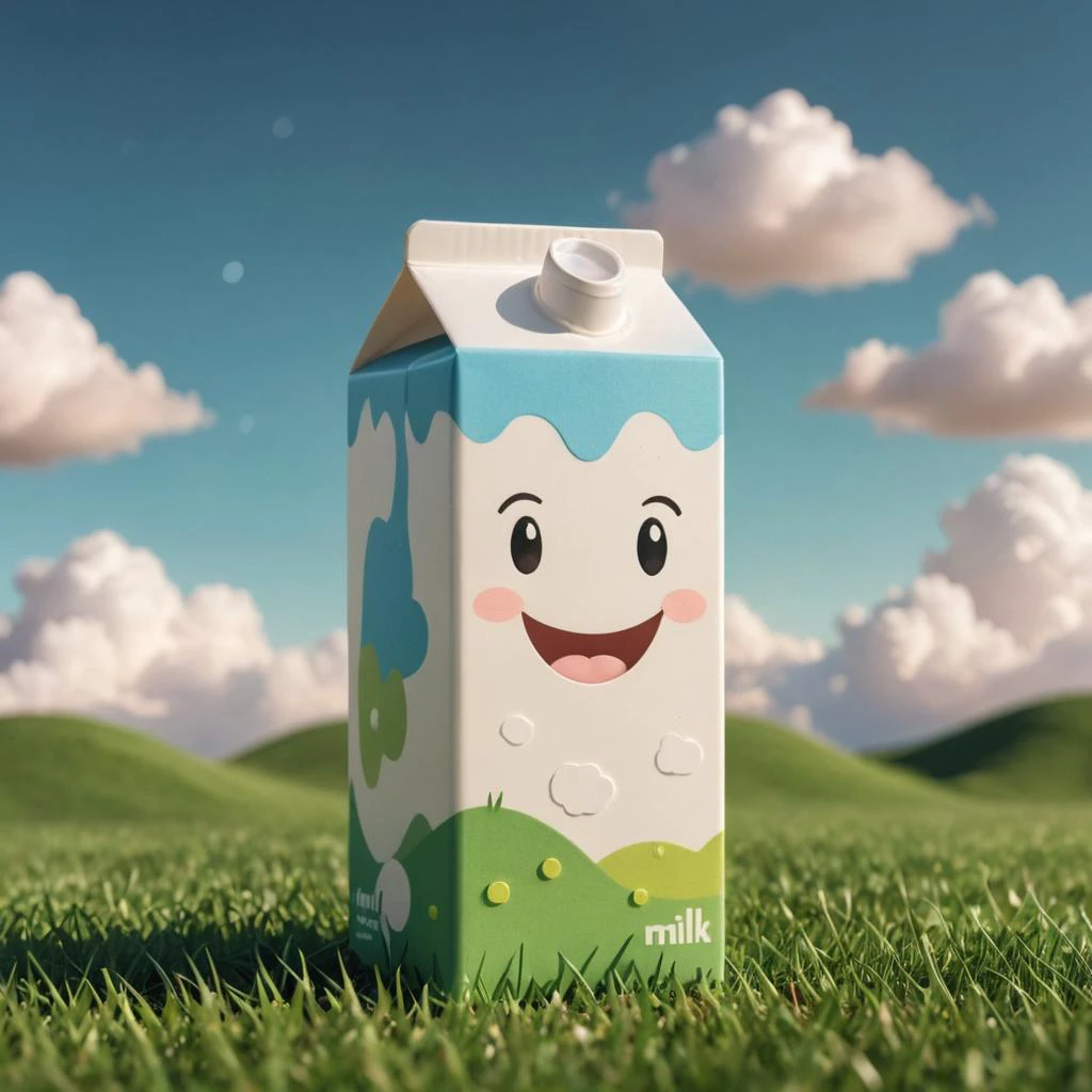 a tiny and cute carton of milk smiling, clouds and grass in the background Two tone lighting, abstract geometric gradients, geometric shapes, simple background