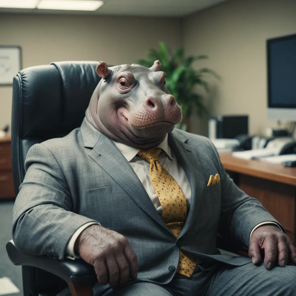 polaroid of Hippo in suit, sitting in office chair
, low quality, bad quality, amateur photography, snapchat still, blurry photo, motion blur
,cinematic film still
,Kodak Vision3 250D Film Stock Footage Style, shallow depth of field, vignette, highly detailed, high budget, bokeh, cinemascope, moody, epic, film grain, grainy