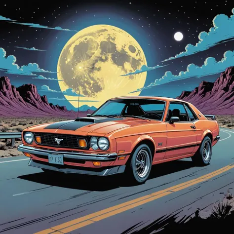 comic A t-shirt design, An 80's retro design of a mustang driving on the road with a large moon in the background, vector art . graphic illustration, comic art, graphic novel art, vibrant, highly detailed