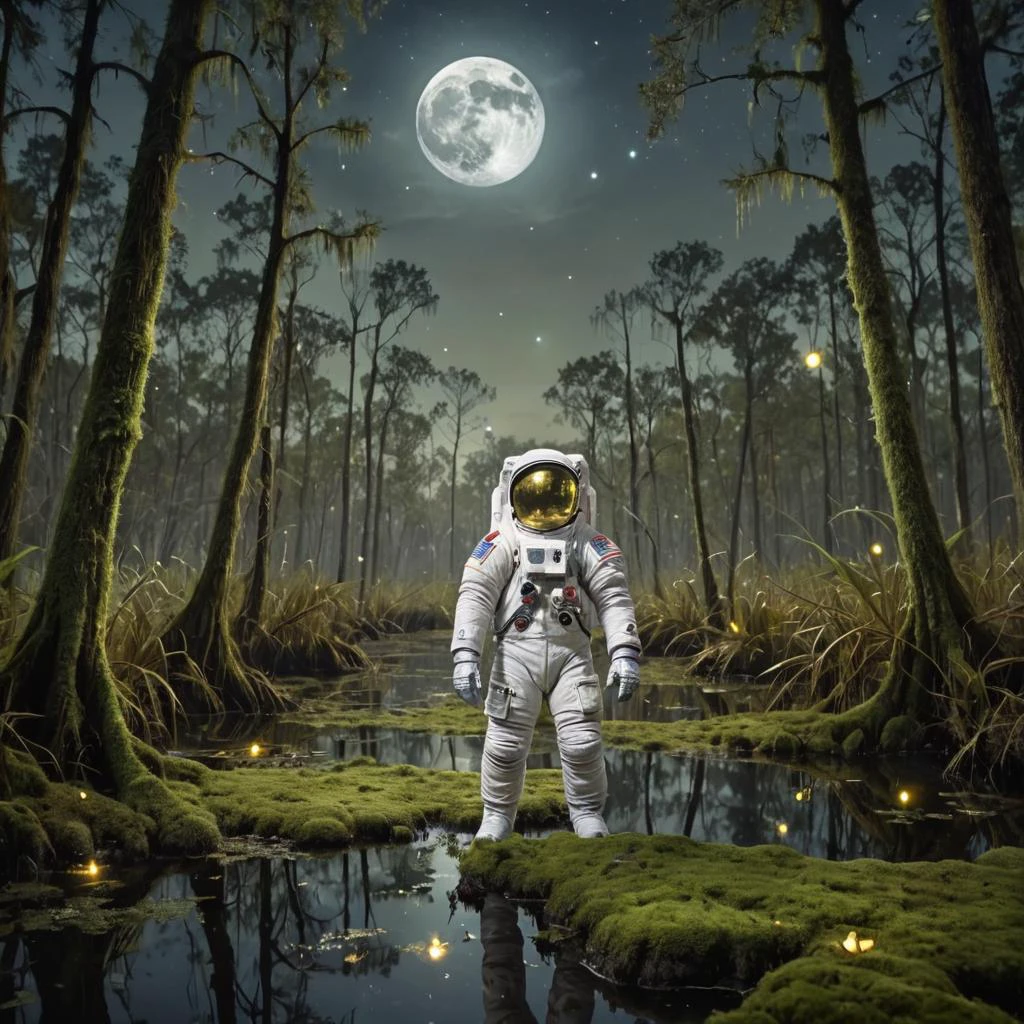 surreal art of astronaut in swamp, moss on trees, moon overhead, fireflies,