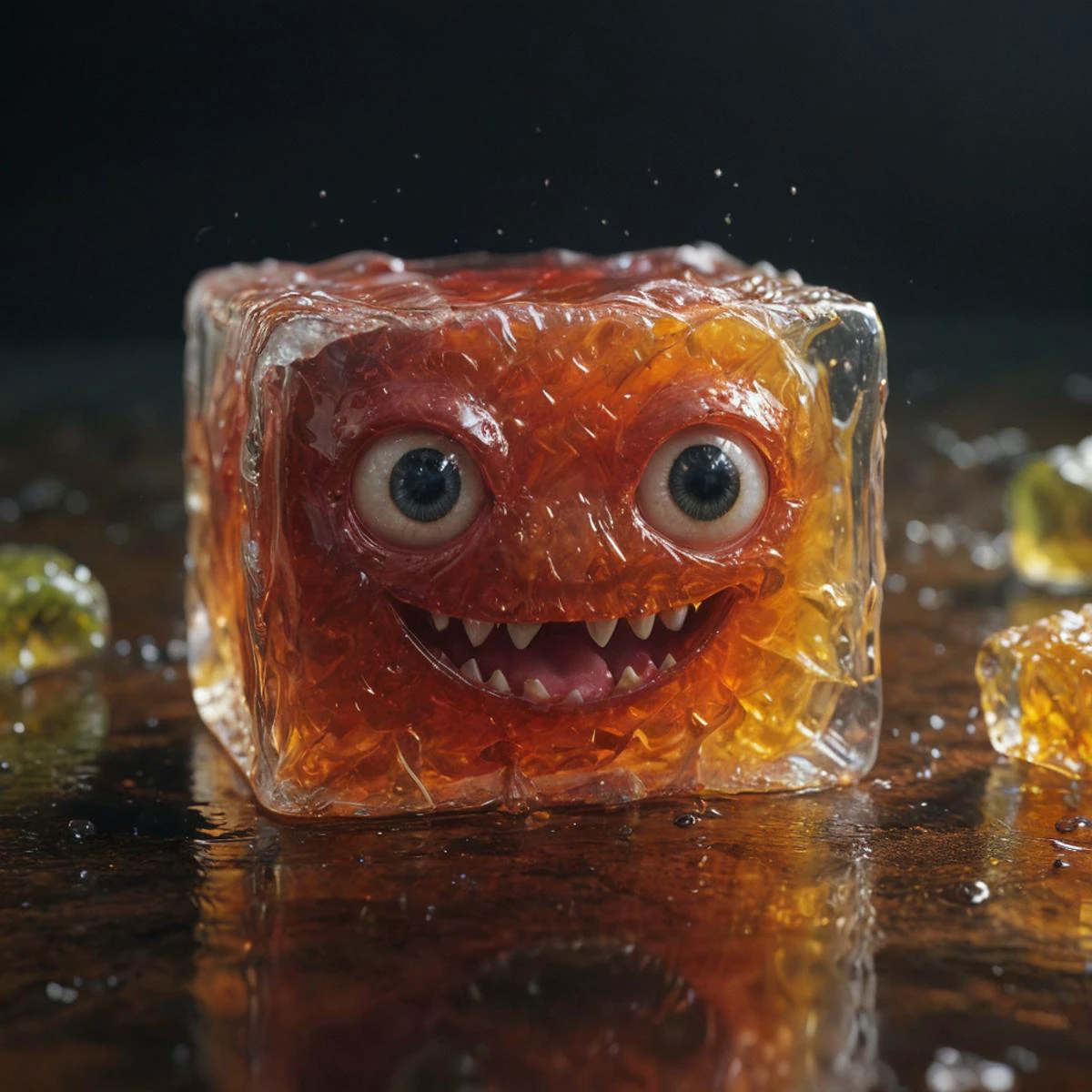 jello cube monster with cute face,
, oil painting, done with japanese brush technique, realistic, extreme detail, dark and warm environment, 8k,
, cinematic lighting, volumetric lighting, Film grain, cinematic film still, shallow depth of field, highly detailed