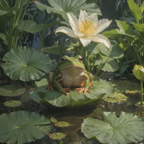 frog sitting on lily pad
, 80's anime screencap, artistic rendition with wide brush strokes, anime comic