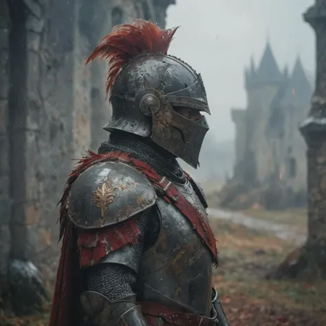 profile, a knight in weathered armor standing in a gentle snowfall, long red feather on his helmet, long tattered torn red cape, dents and scratches, dirty armor, Blurred castle structures in the distance under a grey sky, realistic, focus on the texture and patina of the armor, set against a soft-focus background that suggests a medieval setting, depth of field, dramatic lighting