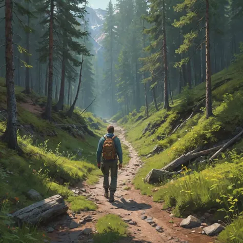 man walking down valley trail
, in the style of Simon Stalenhag,