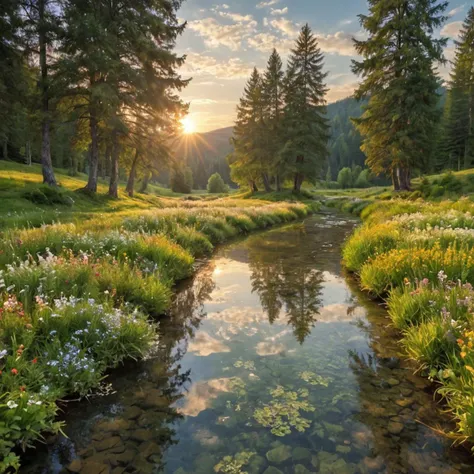 A serene and breathtaking landscape of a lush meadow, stretching out as far as the eye can see. The carpet of vibrant green grass is speckled with wildflowers in every color of the rainbow, swaying gently in the warm breeze. In the distance, rolling hills rise and fall, adorned with dense forests of towering trees, their canopies intertwined to create a natural ceiling of emerald greenery. A crystal-clear river meanders lazily through the valley, its sparkling waters reflecting the blue sky above. The horizon is dotted with puffy white clouds, casting soft shadows across the landscape. The air is filled with the sweet scent of flowers and the song of birds, creating a harmonious symphony of nature. A warm golden glow bathes the entire scene, painting everything in warm hues, as the setting sun slowly dips below the horizon, signaling the end of another day in this idyllic natural landscape.