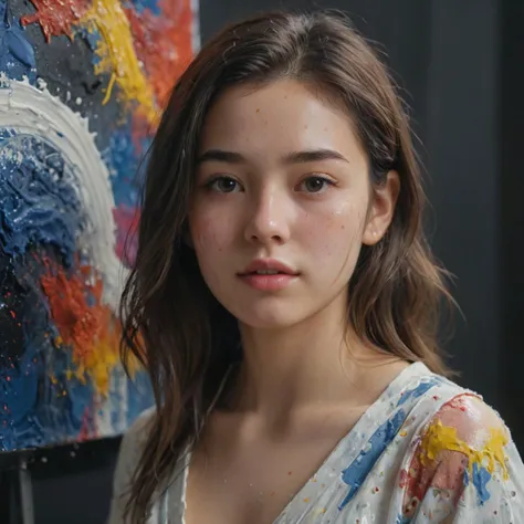 beautiful 20 year old college woman, covered in paint, painting in studio, looking at viewer, portrait,

, oil painting, done with japanese brush technique, realistic, extreme detail, dark and warm environment, 8k,

, cinematic lighting, volumetric lighting, Film grain, cinematic film still, shallow depth of field, highly detailed