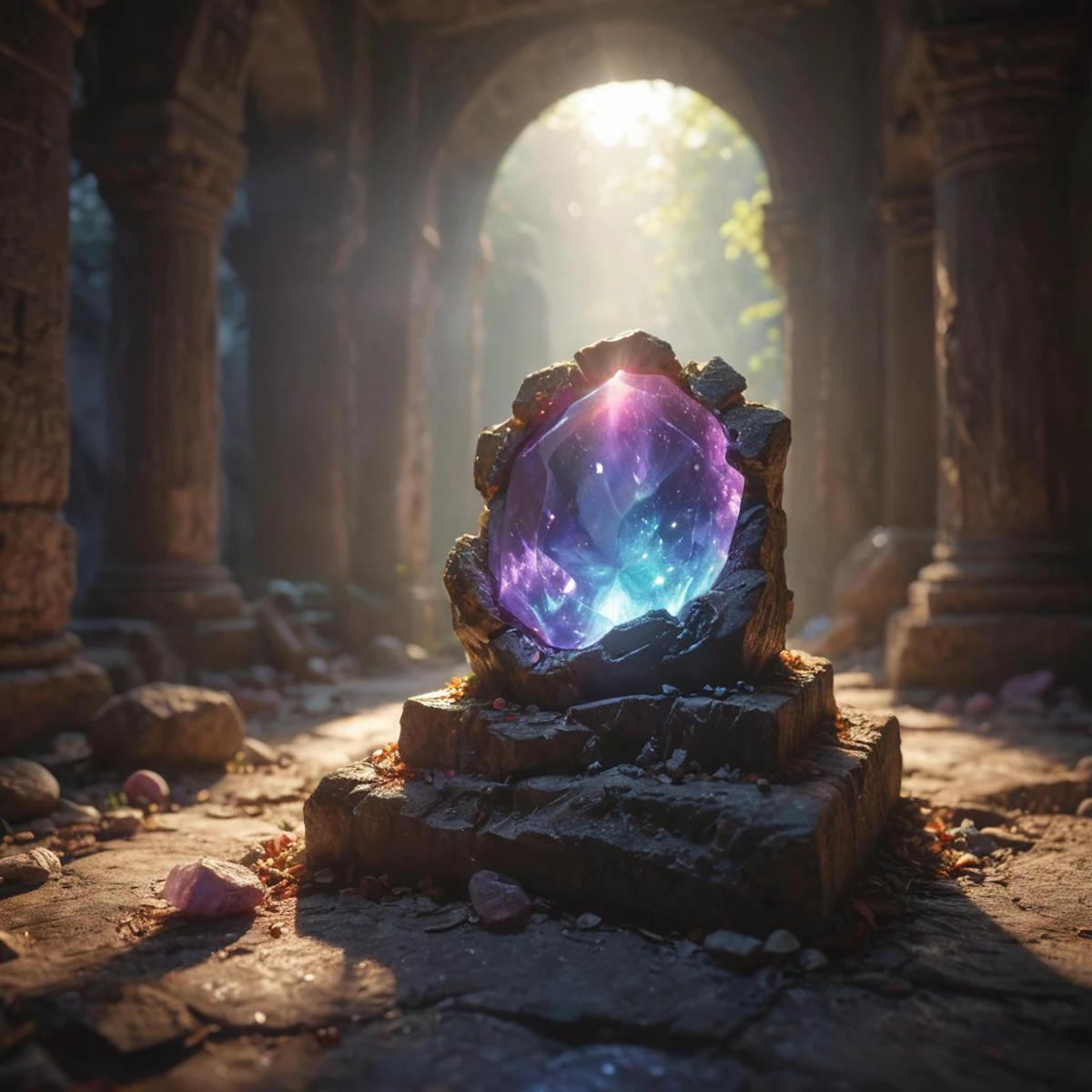 Glowing gemstone embedded in temple ruin
, cinematic lighting, volumetric lighting, Film grain, cinematic film still, shallow depth of field, highly detailed