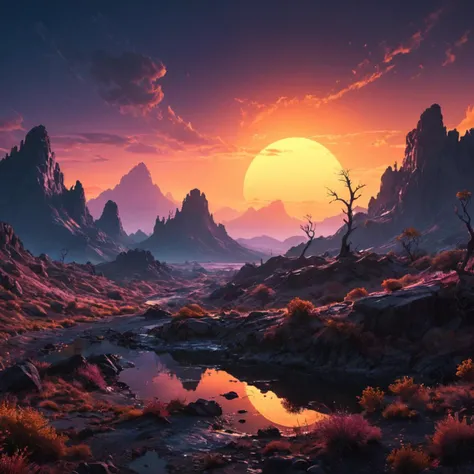 an otherworldly landscape in the style of neon silhouette contrast, 