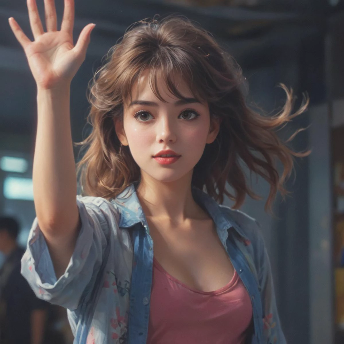 woman waving at viewer
, 80's anime screencap, artistic rendition with wide brush strokes, anime comic,