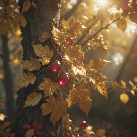 closeup, ruby growing on a tree, gem on a tree, jewel on a tree, leaves of gold, golden leaves, precious metal leaves, metal leaves, cinematic lighting, volumetric lighting, Film grain, cinematic film still, shallow depth of field, highly detailed