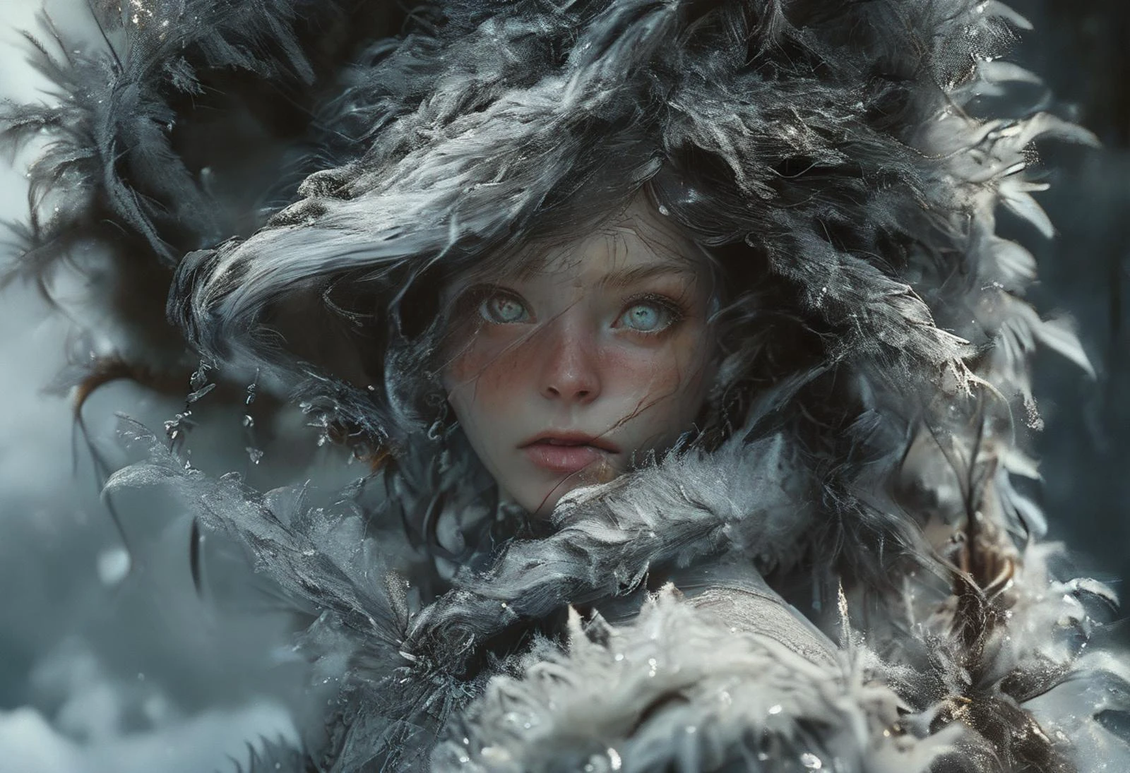 ((cinemtic shoot)) ((fantasy)) , ((rpg)), ((focus on character)), full body shoot, photo of Tatyana's weathered visage bears the lines of one who has endured the worst the frozen wastes can offer, and persevered. Piercing ice-chip eyes burn from a craggy, windburned face framed by streaks of iron-grey amidst a thick mane of sable hair. Heavily swathed in furs, her bony hands clutch a twisted staff capped with a frosty crystal. , happy , perfect detailed face, intricated skin, realistic, ((photorealistic)) rim lights, dark shadows, cinematic scene , movie shoot , dark, , defined muscles, extremely detailed, glass reflection, dark shadows, hard light hard shadows, ,vellus,subcutaneous veins,, shallow depth of field, vignette, highly detailed, high budget Hollywood film, cinemascope, moody, epic, gorgeous, detailed background , ((darkfull )) , detailed , <lora:detailed_notrigger:1> ,, skin marks, detailed hands SK_ANALOGFILM
