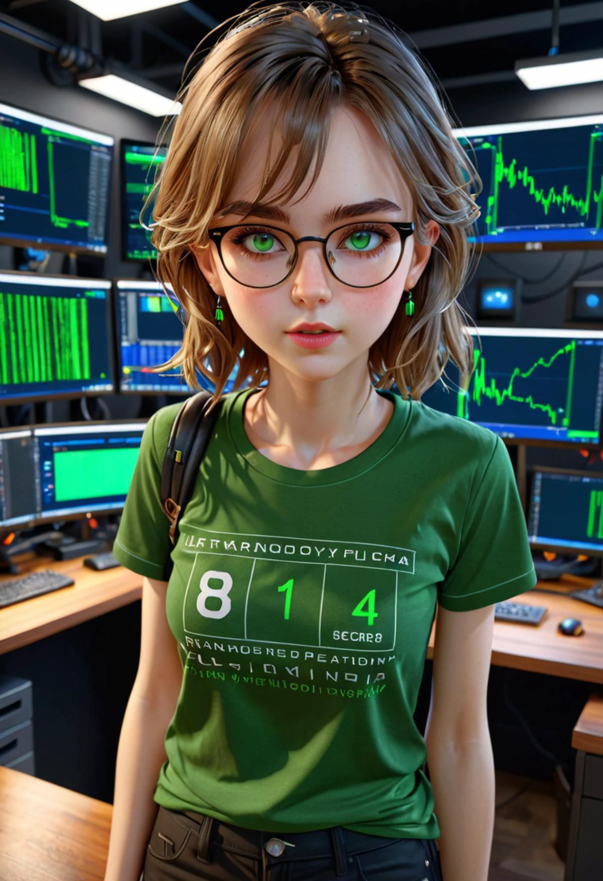 (score_9, score_8_up:1.1), score_7_ up, zPDXL, 1 girl, hacker girl, gignatic eyes, large forehead, glasses, green eyes, full lips, slender, small breasts, anonymus t-shirt, black pants,
,masterpeice, detailed, intricated details, 8k, ultraclear <lora:detailed_notrigger:1>, wide angle , detailed scene, detailed faces, perfect quality, tranding on artstation, incredible details,