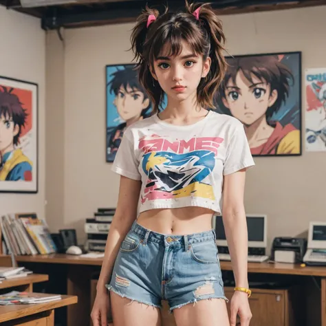 80's anime screencap, girl wearing a cropped top and short shorts, artistic rendition with wide brush strokes, anime comic