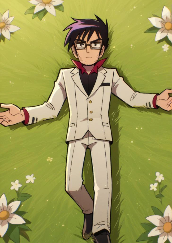 score_9, score_8_up, score_7_up, score_6_up, source_anime, zPDXL, BREAK
<lora:Scott_Pilgrim_Takes_Off:1> scottp, sketch, anime coloring, 1boy, solo, gideon, short hair, black hair, glasses, elegant suit navy wool suit ,brioni,, white dress shirt, silk tie, black leather oxfords ,gucci, , lying in a field of flowers, arms spread wide,