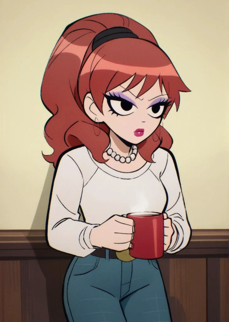 score_9, score_8_up, score_7_up, score_6_up, source_anime, zPDXL, BREAK
<lora:Scott_Pilgrim_Takes_Off:1> scottp, sketch, anime coloring, 1girl, solo, Envy, long hair, ponytail, red hair, makeup, high ponytail, lipstick, eyeshadow, white silk blouse, Dior, high-waisted wide-leg trousers, Stella McCartney, stiletto pumps, Manolo Blahnik, pearl necklace, Mikimoto , holding a cup of hot cocoa, enjoying the warmth,