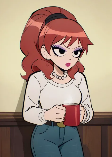 score_9, score_8_up, score_7_up, score_6_up, source_anime, zPDXL, BREAK
<lora:Scott_Pilgrim_Takes_Off:1> scottp, sketch, anime coloring, 1girl, solo, Envy, long hair, ponytail, red hair, makeup, high ponytail, lipstick, eyeshadow, white silk blouse, Dior, high-waisted wide-leg trousers, Stella McCartney, stiletto pumps, Manolo Blahnik, pearl necklace, Mikimoto , holding a cup of hot cocoa, enjoying the warmth,
