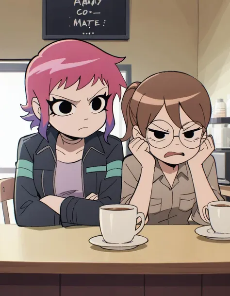 score_9,  score_8_up, score_7_up <lora:Scott_Pilgrim_Takes_Off:0.4> scottp, sketch, anime coloring, black eyes,
2girls, arguing, angry, face-to-face, cafe
BREAK Ramona, pink hair, purple hair
BREAK Julie, brown hair, ponytail, round eyewear